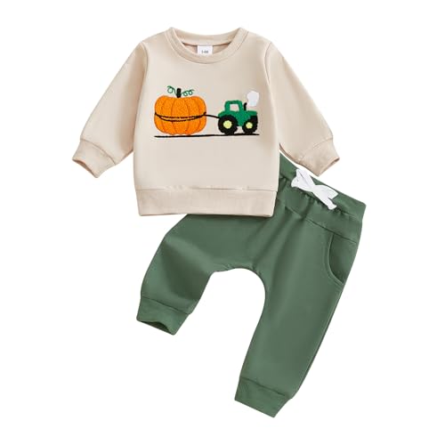 Siyova Toddler Baby Boy Halloween Outfits 2Pcs Long Sleeve Pumpkin Prints Sweatshirt and Elastic Pants Little Boys Tracksuits Fall Clothes (Beige Green, 12-18 Months)
