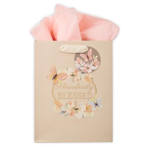 Christian Art Gifts Gift Bag/Tissue Paper Set Abundantly Blessed Deuteronomy 7:13 Bible Verse Pink Butterfly Medium