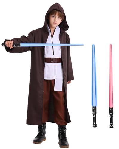 Disfarce de Jedi para crianças com azul e vermelho Lightsaber, túnica Obi Wan Kenobi, casaco com capuz, capa com capuz, camisolas medievais, túnica Jedi Cosplay, conjunto para crianças, Halloween,
