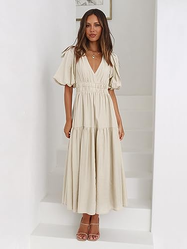 Women's Summer Casual Long Dresses Deep V Neck Short Sleeve Maxi Dress Club Party Wedding Beach Dress