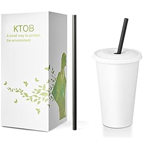 KTOB Disposable Paper Cups with Paper Lids and 100% Plant-Based Compostable PLA Straws Eco friendly Flexible Drinking Straws and Cups for Iced Coffee Smoothie and Water