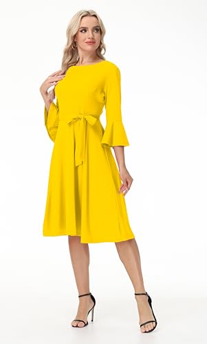 Image of Hostoyo Church Dress for Women Wedding Guest Cocktail Party Dresses Evening Prom Formal Modest Gowns Crew Neck Bell Sleeve
