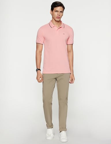 Image of Peter England Men's Snug Fit Solid Polo T-Shirt with Coloured Collar Tipping| Cotton Rich| Premium Pique Weave