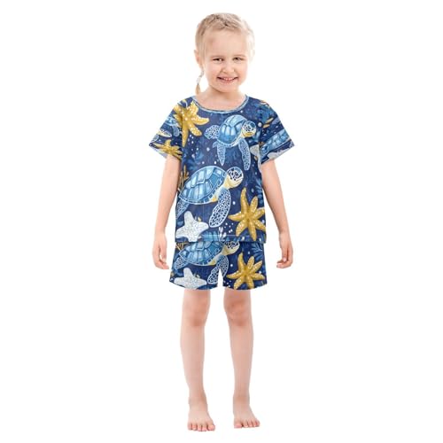 Pajama Sets Short Sleeve Ocean Life Sea Creatures Turtle Soft Cotton Summer Sleepwear 2 Piece PJS Size 5-14T4