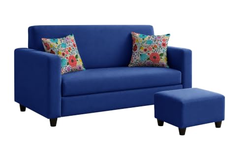 Image of Rosebell 2 Seater Sofa with Ottoman | Living Room Couch | with Printed Cushions | Sofa for Home, Apartment & Office-Blue Color