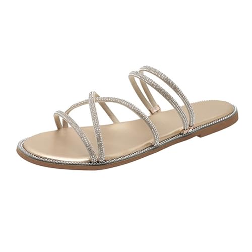 Sandales plates en cuir pour femme avec strass brillants et semelle confort haut de gamme