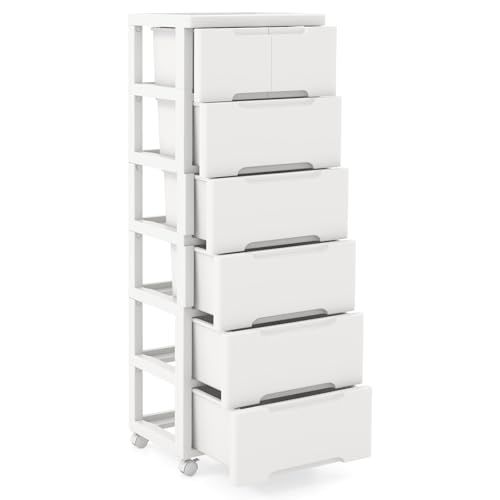 GIANTEX Tour de Rangement Plastique 7 Tiroirs avec roulettes, Meuble Tiroir, Dessus Spacieux, Caissons de Rangement, Tiroirs de Tailles Différentes, Caisson...