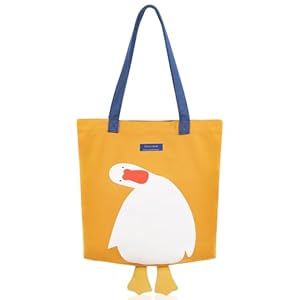 Cute Canvas Tote Bag for Women Reusable Cotton Cloth Bag for Lunch Grocery Shopping and Beach with 3D Duck Design