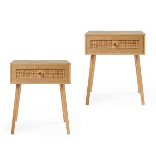 BTFY Rattan Bedside Tables Set of 2 - Nightstands w/Wood Veneer - Wicker Bedside Cabinets - Scandi Style 1 Drawer Bedside Tables for Bedroom w Tapered Legs & Gold Handles - Side Tables Living Room
