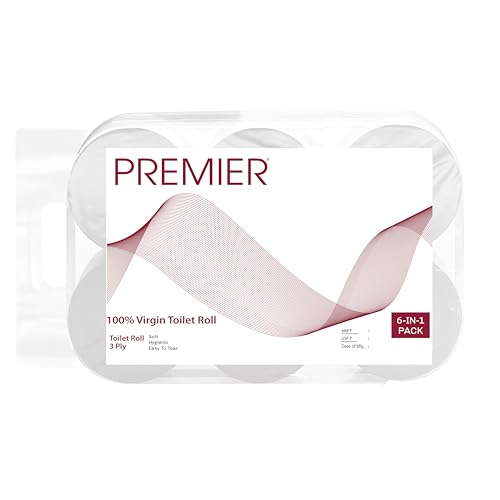 Premier 3 Ply Toilet Tissue Roll (1800 Pulls) | 300 Pulls x 6 Rolls | Biodegradable, Clog Free, Flushable, Easy to Tear | Extra Absorbent Toilet Paper Roll for Home, Office, Bathroom Tissue