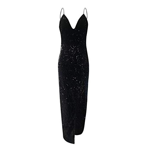 QUNLIANYI Robe à Paillettes sans Manches Femmes Robes à Bretelles Robe de Soirée à Col en V Maxi Noir Femmes Robe Longue L Cover