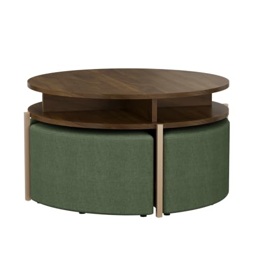 Image of Wakefit Axen Coffee Table I Engineered Wood I Colombian Walnut | Uphostery Seats | Omega Green
