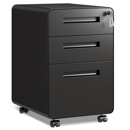 DEVAISE 3-Drawer File Cabinet, Thickened Metal Mobile Filing Cabinet with Lock, Under Desk Cabinet for Home Office, fits A4/Letter/Legal Size, Fully Assembled, 20' D x 15.8' W x 25' H, Black