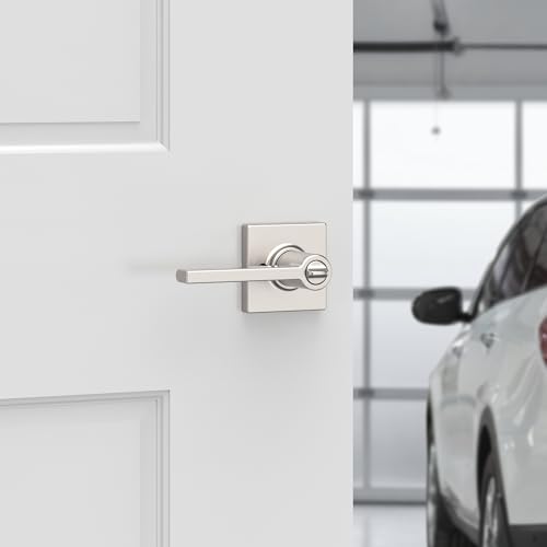 Image of Kwikset Casey Entry Door Handle with Lock and Key, Secure Keyed Reversible Lever Exterior, for Front Entrance and Bedrooms, Satin Nickel, 4 Pack, Pick Resistant SmartKey Rekey Security and Microban