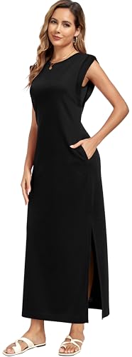 WUWUSKY Damen Maxikleid ärmellos mit Rundhals und Seitenschlitz – Elegantes lässiges Kleid mit Zwei Taschen,schwarz,M