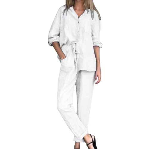 Conjunto de dos piezas de lino para mujer, camisas de manga larga con botones y pantalones de pierna ancha, pantalones de descanso, conjunto de traje de playa, chándales para salir de vacaciones