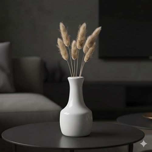 Image of PUREZENTO Serene White Ceramic Bud Vase 5.3 Inch - Set of 1 | Glossy Decorative Flower Vase for Dried Flowers, Pampas Grass & Bunny Tails | Modern Vase for Home Decor, Living Room & Gifting