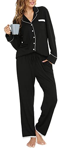 Vlazom Pijama Mujer Invierno con Notch Collar Pijama Botones Mujer de Manga Larga(Negro,M)
