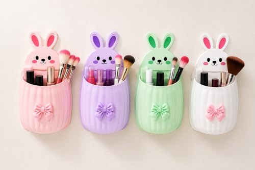 Image of Cute Rabbit Wall Mounted Toothbrush Holder | Self Adhesive Bathroom Organizer for Toothbrush, Toothpaste, Comb & Makeup Brushes | Bathroom Accessories for Kids & Home (4 REBIT HODER)