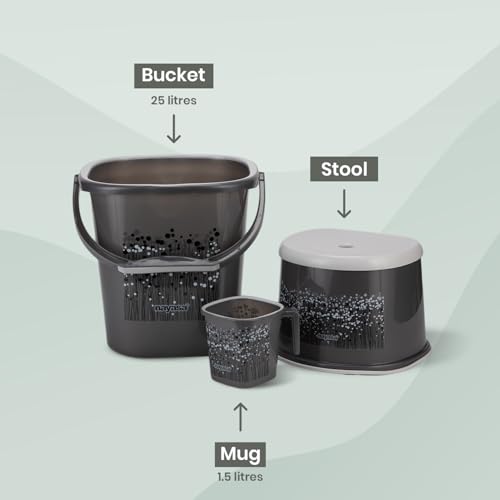 Square Ring Funk Bucket, Mug and Stool Set (3pcs Set) | 25 LTR Bucket + 1.5Ltr Mug + a Stool | Bathroom Set| Strong Sturdy and Durable | Ideal for Daily Use | Black