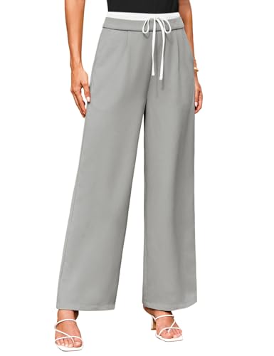 GRACE KARIN Women's Pant Wide Leg Color Block Elastic Drawstring Waist Pants for Women with Pocket and Side Zip