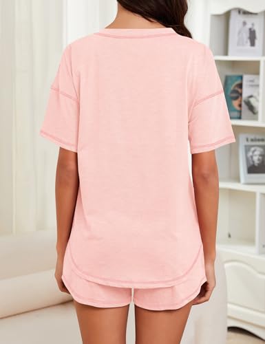 Image of KCW Pajamas for Women Set 2 Piece 100% Cotton Lounge Sets Short Sleeve Top and Shorts Pj Set Sleepwear Outfits