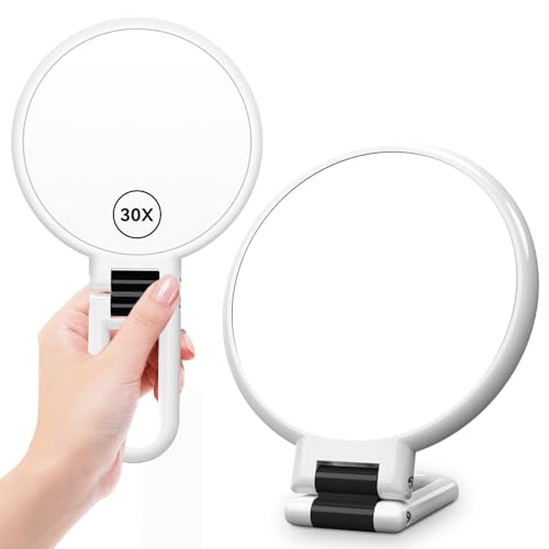 Auxmir Espejo de Mano, Aumento 30X / 1X Doble Cara, Espejo de Maquillaje Plegable para Viajes Mesa, Colgar Pared Baño, Ligero y Portátil, Rotación de 360°, Blanco