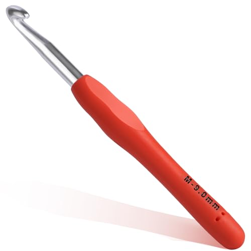 9mm Crochet Hook Ergonomic Crochet Hook Smooth and Extra Long Knitting Needles with Soft Rubber Ergonomic Handle and Aluminum Tip Perfect Beginner and Arthritic Crochet Hooks (9 mm)