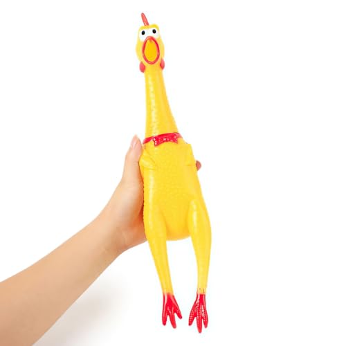 Cielasis Pollo de goma grande de 15 pulgadas, juguetes de pollo gritando para perros, pollo de goma amarillo, juguetes de pollo chirriantes, fiestas de ruido de broma, bromas, bromas prácticas