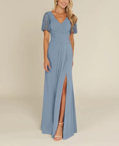 Beads Short Sleeve V-Neck Wedding Guest Dress with Slit Chiffon Mother of The Bride Dresses Formal Evening Party Dress2