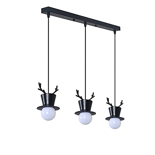 Chandelier bois de cerf E27 noir à 3 lampes pour suspension salon