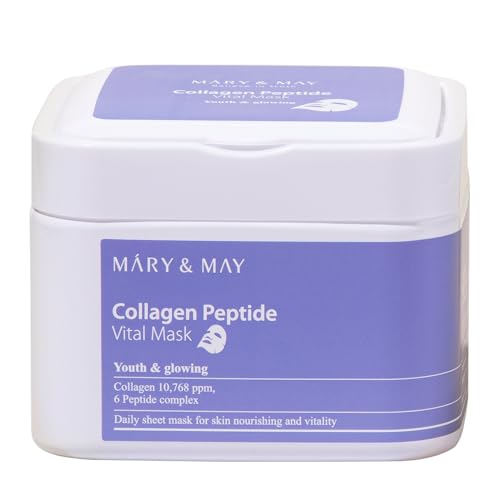 Mary&May Kollagen-Peptid Tuchmaske, 30 Stück Collagen Peptide Vital Mask – Mit hydrolysiertem Kollagen & 6 Peptiden, Anti-Falten-Pflege, Feuchtigkeitsspendend, Spenderbox mit Pinzette 400g