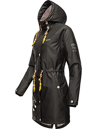 MARIKOO Damen Übergangsjacke Regenmantel wasserdicht lang warm gefüttert mit Kapuze Dancing Umbrella Black Gr. M