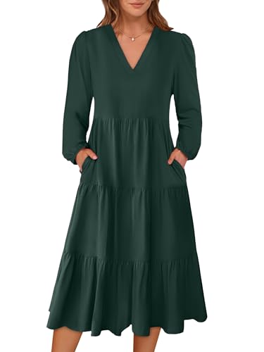 Image of ANRABESS Women's Long Lantern Sleeve Floral Midi Dresses 2026 Fall V Neck Casual Flowy A-line Tiered Boho Vacation Dress