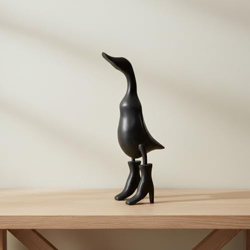 Bamboo Duck Figurine Sculpture – Playful Decorative Statue for Boho Room Decor – Shelf, Tabletop, Or Entryway Display – Whimsical Rainboots Design Accent, Home Decor – 20", Black Finish