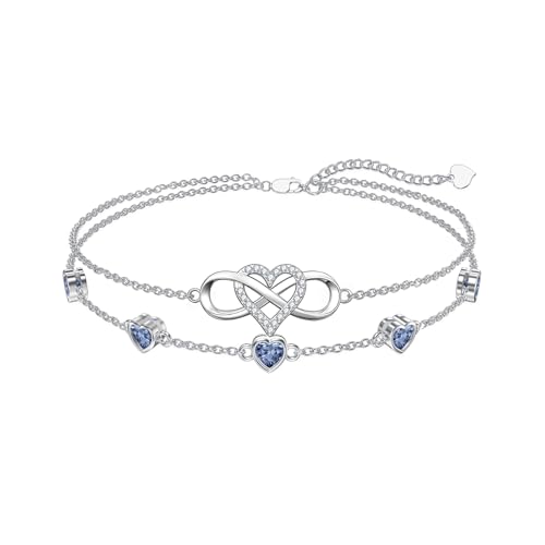 Image of Dorunmo 925 Sterling Silver Infinity Heart Birthstone Anklet Bracelets for Women Best Mother's Day Birthday Jewelry for Wife Girlfriend Mom Her