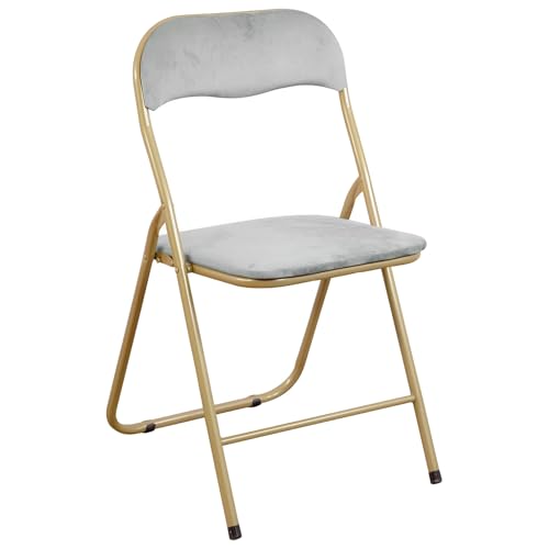 Marvin Sedia Pieghevole Imbottita in Velluto Velvet da Interno Ufficio Casa Resistenti Ferro Leggere Colorate Comode con Schienale Salvaspazio Portatile (Grigio/Oro)