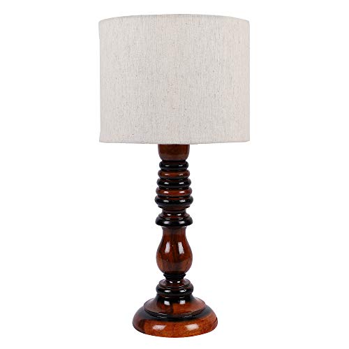 Image of tu casa Off White Cotton Flex Shade with Brown Mango Wood Base Table Lamp | Elegant Bedside & Desk Lamp for Bedroom, Living Room, Office, Home Decor & Gifting (Height : 21 Inch /No Blub Included)