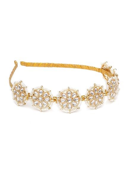 Fantastic USA Floral Kundan Studded Matha Patti Sheesh Patti Wedding Hairband Traditional Golden Celebrity Headband Hair accessory Jewellery for Women and Girls