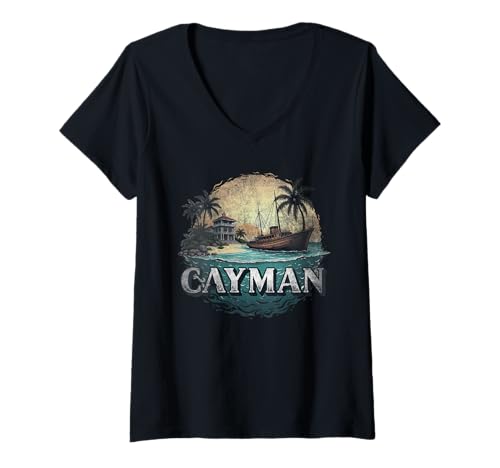 Donna Retro Grand Cayman Island Paesaggio Vintage Souvenir Maglietta con Collo a V