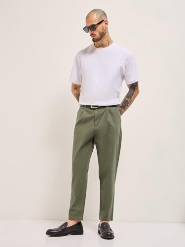 Image of THE BEAR HOUSE Men's Cotton Solid Cropped Carrrot Fit Chinos