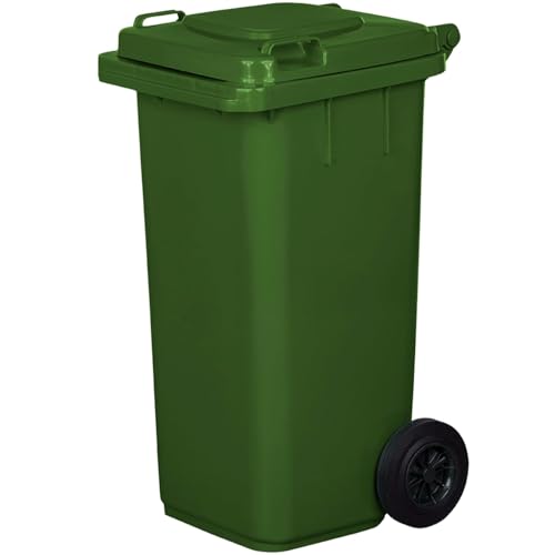 IMJ-Global - Cubo de Basura Alto Grande 120 Litros PN-EN 840 con Ruedas y Sistema de Enganche Mecánico de Recogida, Cubos de Basura de Reciclaje Contenedor Basurero en Plástico (Verde)