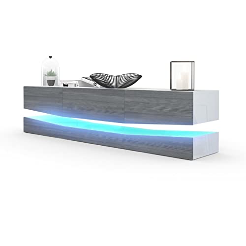 Vladon Mueble TV City, Cómoda TV con Elemento Inferior, 1 Compartimento Abierto y 3 Cajones, Blanco de Alto Brillo/Avola Antracita, incluida iluminación LED (178 x Variable x 39 cm)