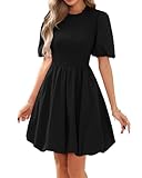KIRUNDO Womens Summer Smocked Mini Dress 2025 Spring Puff Short Sleeve Boho Ruffle Crewneck Bubble A Line Short Dresses(Black, Medium)