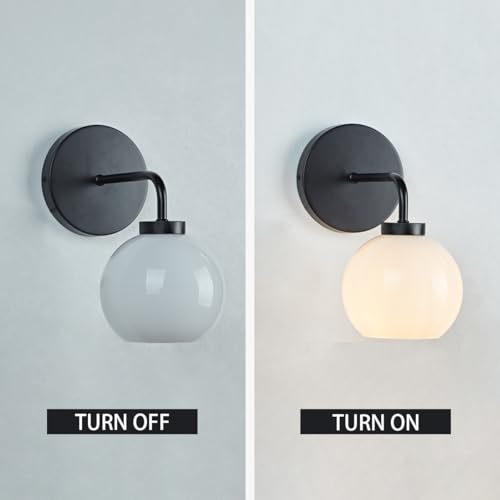 Image of Modern Glass Globe Single Sconce, Matte Black Metal Finish Wall Light for Bedroom, Hand-Polished Milky Glass Shade Vanity Light Beside Mirror, Elegant Light Fixtures for Indoor