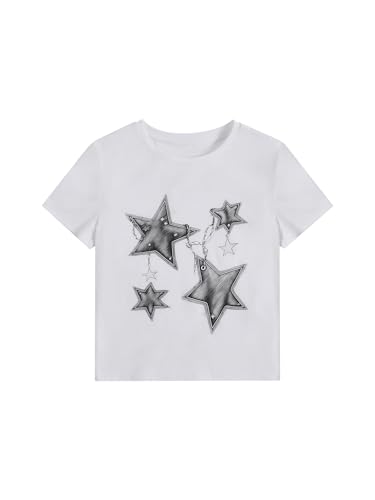 Image of RoseSeek Girl's Geometric Star Graphic Tee Tops Casual Summer Short Sleeve Crew Neck T Shirt