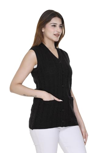 Image of aarbee Self Design Sleeveless V Neck Woollen Cardigan for Women with Front Pockets
