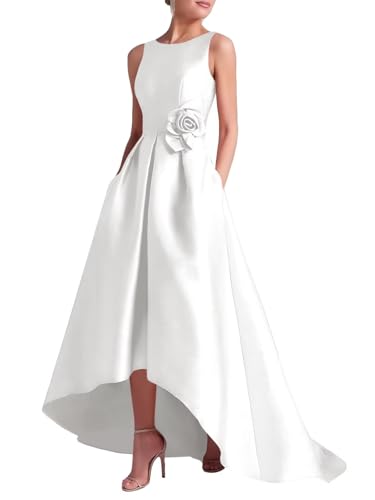 3D Flower Satin Mother of The Bride Dress High-Low Crew Neck A Line Wedding Guest Gowns with Pockets