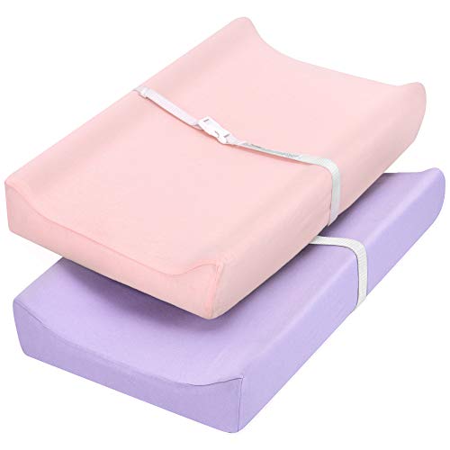 Image of TILLYOU Jersey Knit Ultra Soft Changing Pad Cover Set, Unisex Diaper Change Table Sheets for Baby Boys Girls, Fit 32"/34''x16 Contoured Pad, Comfy Cozy 2-Pack Cradle Sheets, Peachy Pink & Lilac