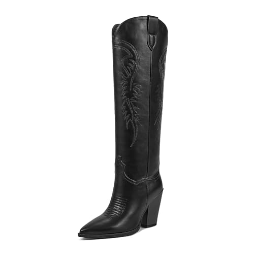 ISNOM Black Cowboy Boots for Women Cowgirl Western Boots Womens Knee High Cowboy Boot Tall Wide Calf Cowboy Boot